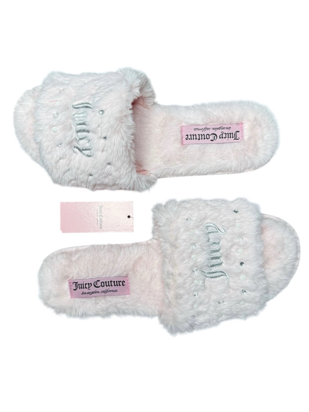 Juicy Couture Pink Faux Fur Pearl Rhinestone Slippers NWT Womens 9.5-10.5 Y2K